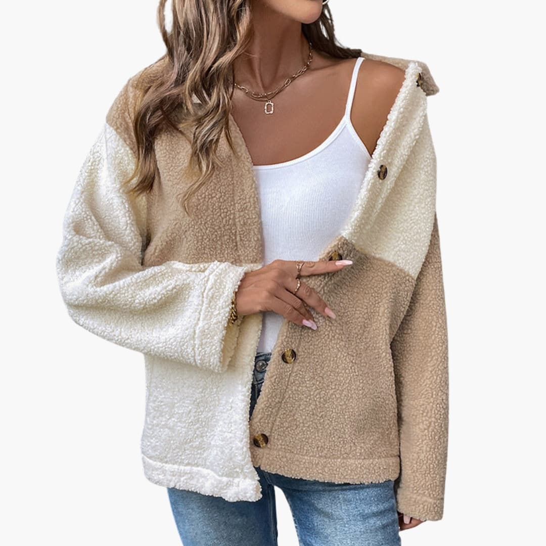 Veste femme en sherpa bicolore avec fermeture boutonnée