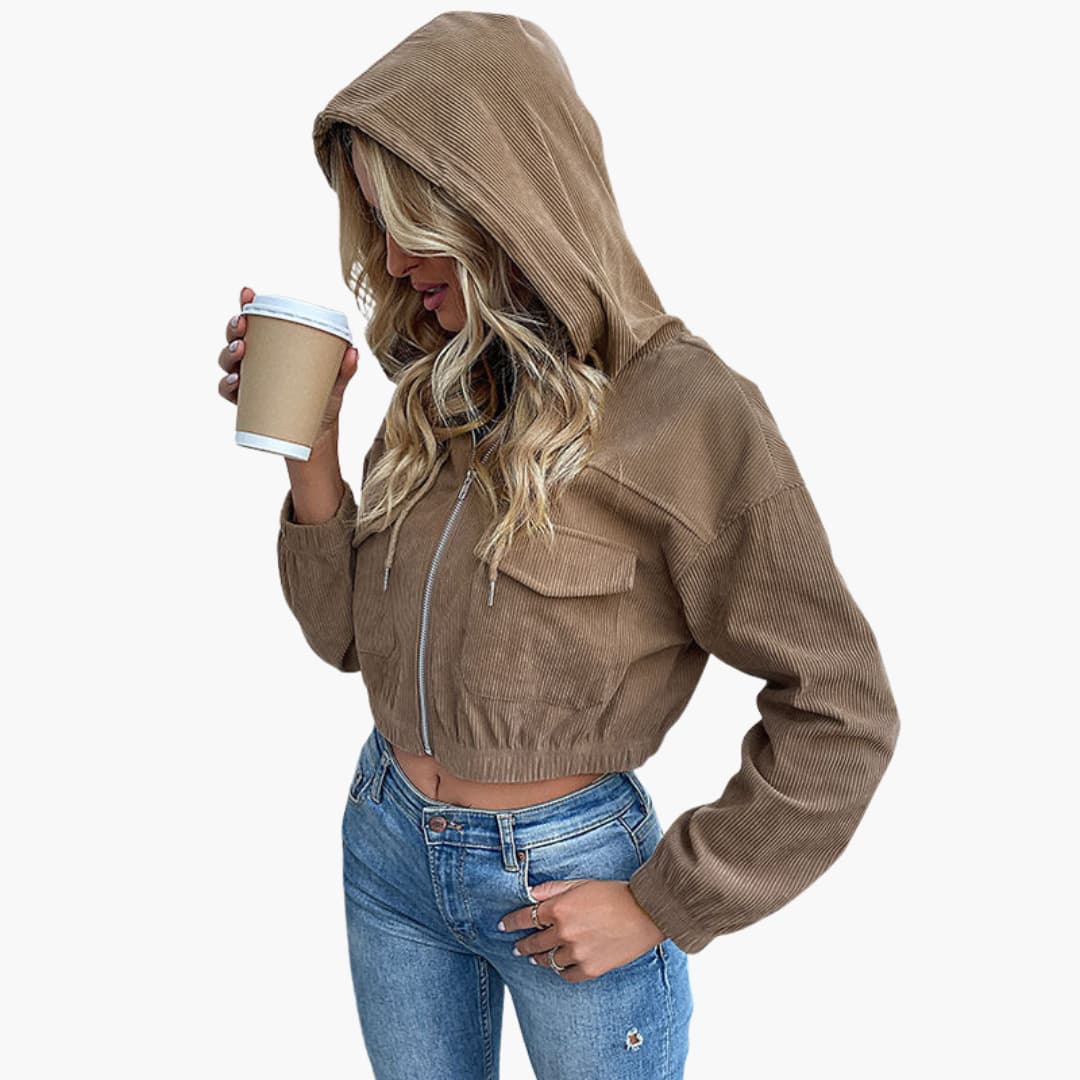 Kurtka damska z aksamitu sztruksowego z kapturem