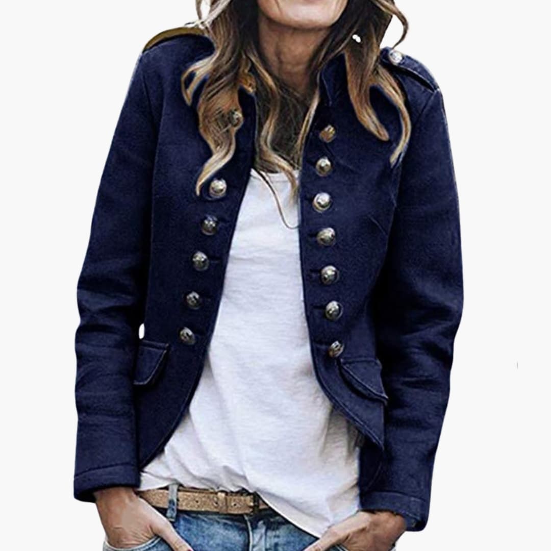 Veste femme style militaire avec col montant et boutons décoratifs