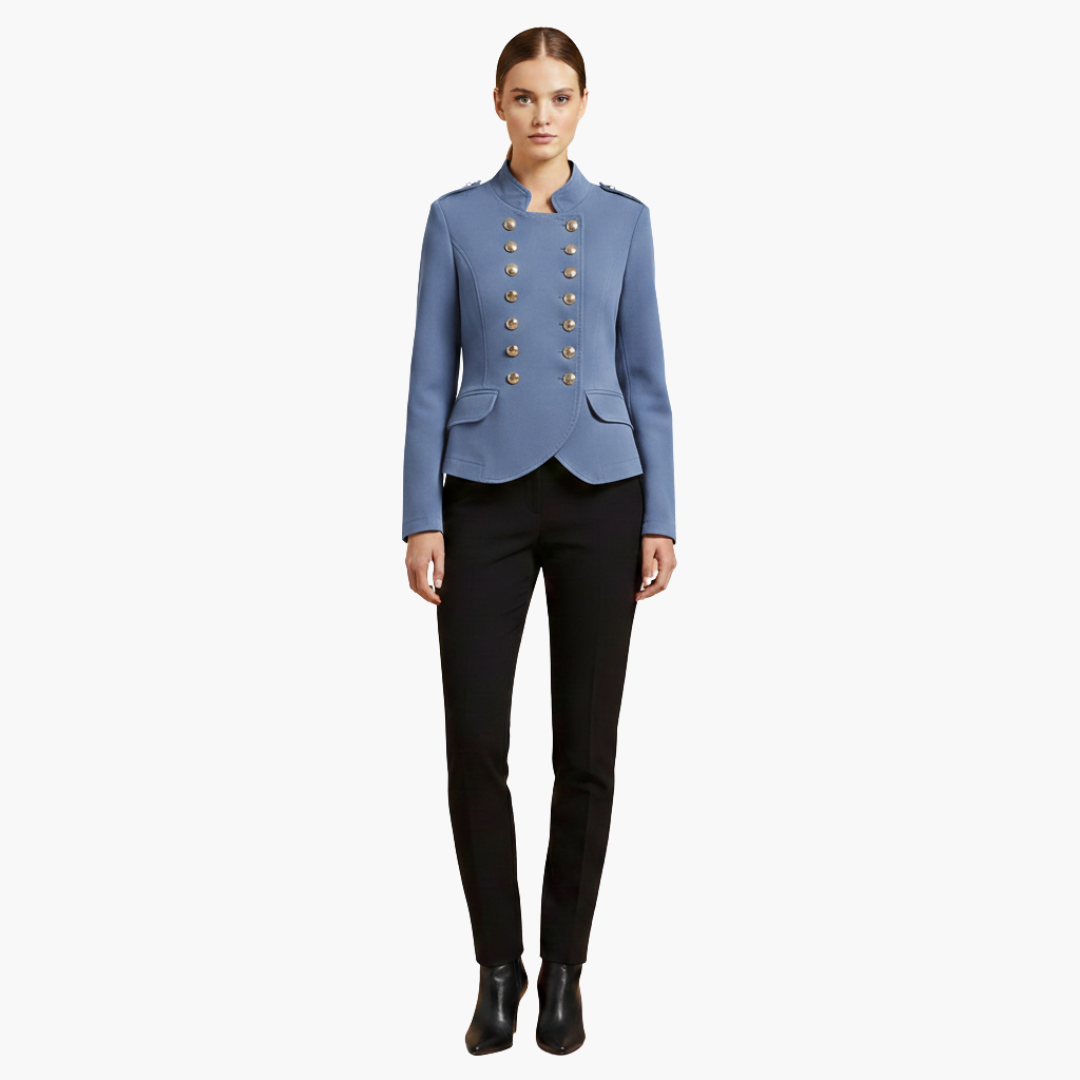 Women's military style jacket with stand-up collar and decorative buttons