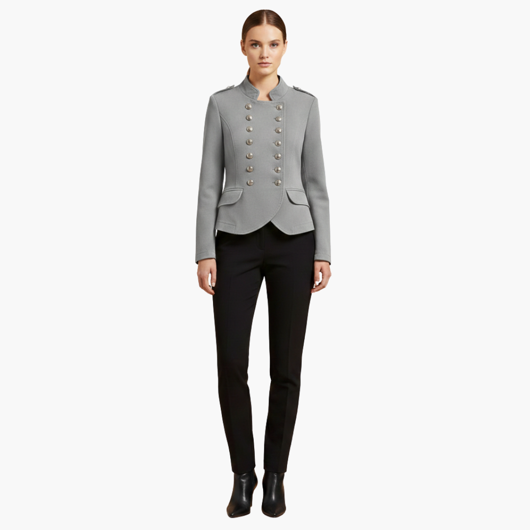 Women's military style jacket with stand-up collar and decorative buttons