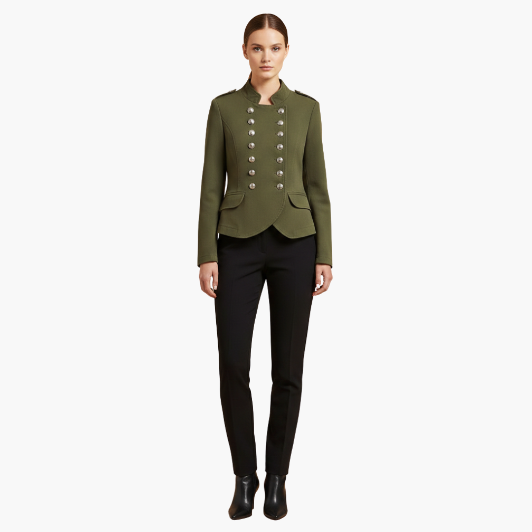 Women's military style jacket with stand-up collar and decorative buttons