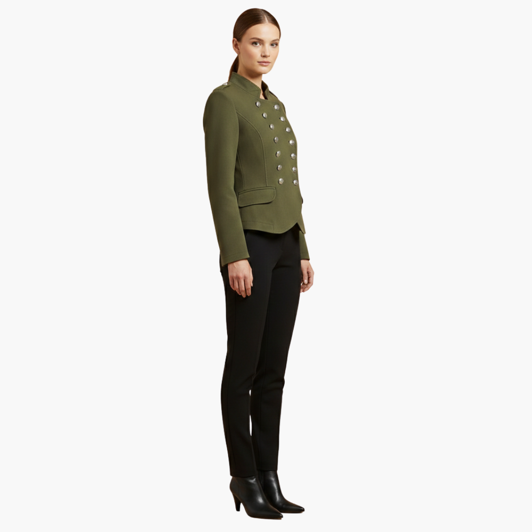 Women's military style jacket with stand-up collar and decorative buttons