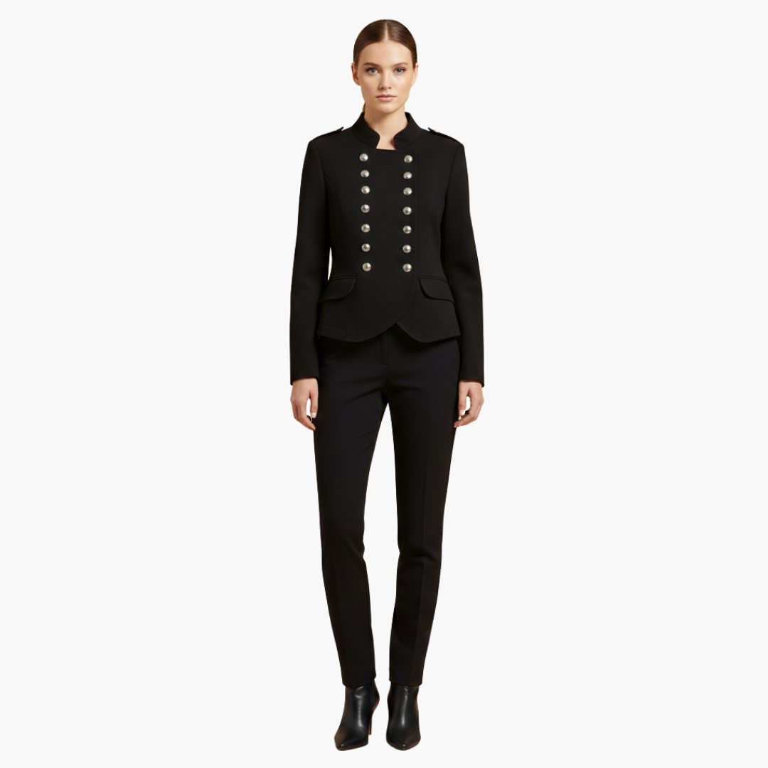 Women's military style jacket with stand-up collar and decorative buttons