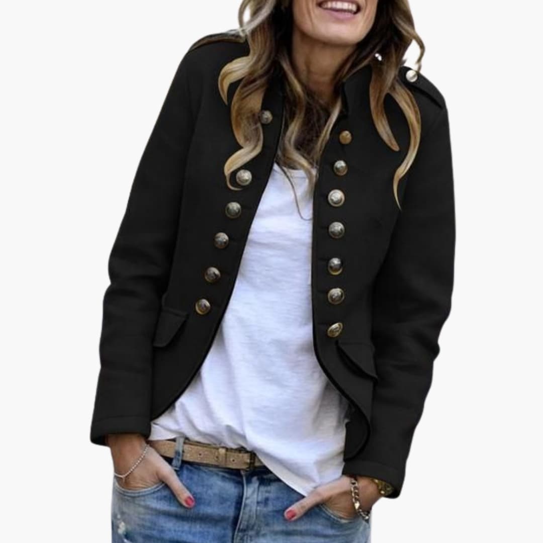 Veste femme style militaire avec col montant et boutons décoratifs