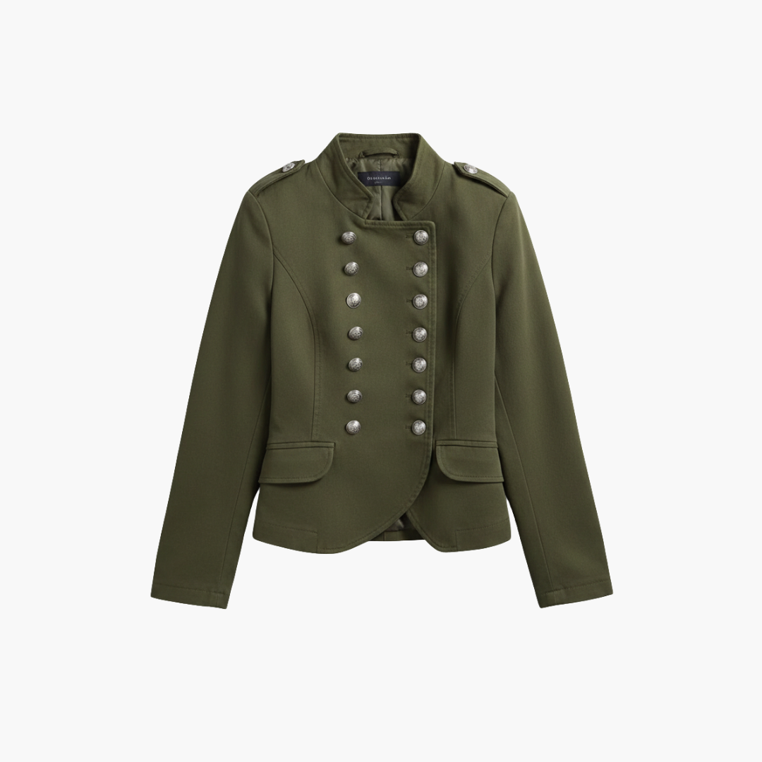 Women's military style jacket with stand-up collar and decorative buttons
