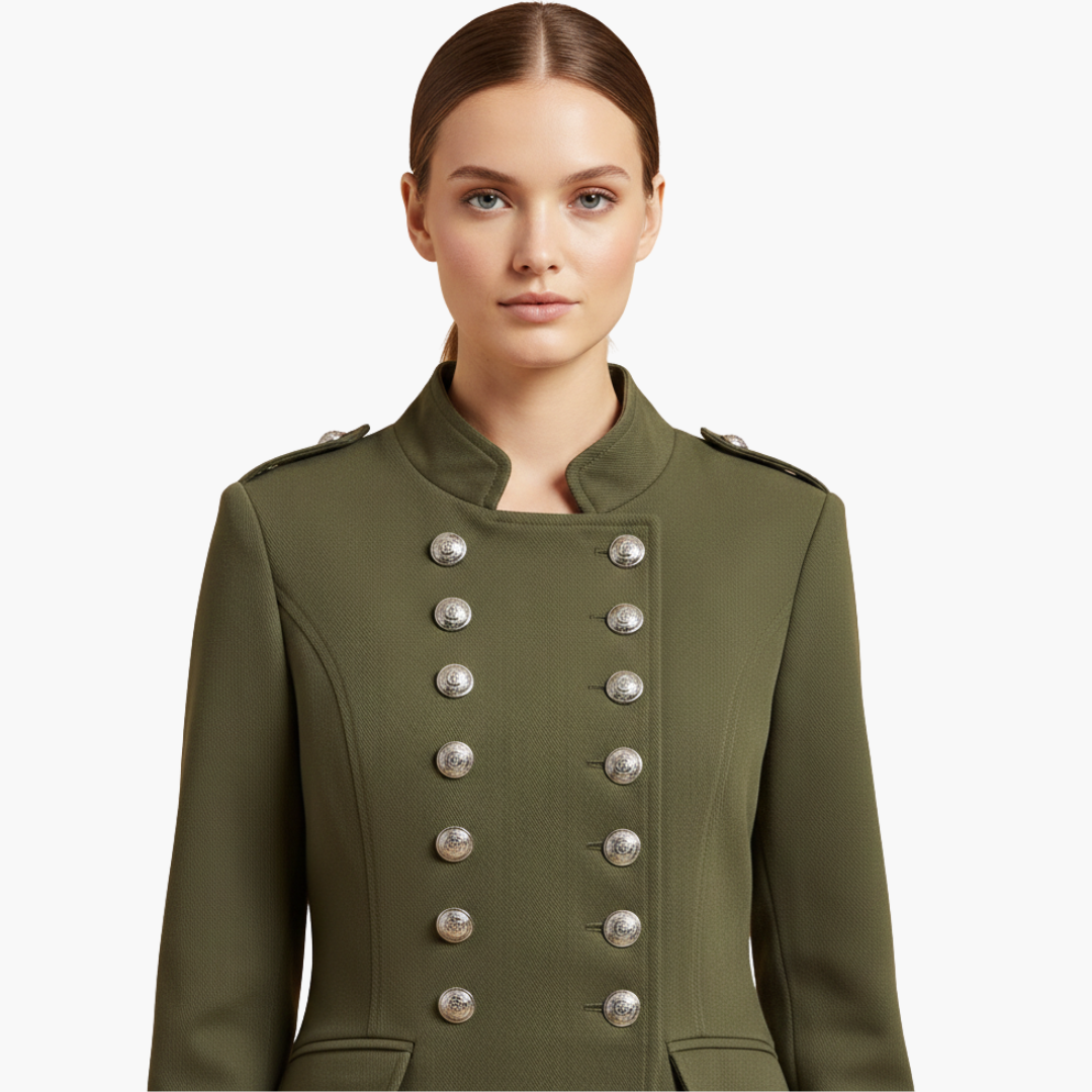 Women's military style jacket with stand-up collar and decorative buttons
