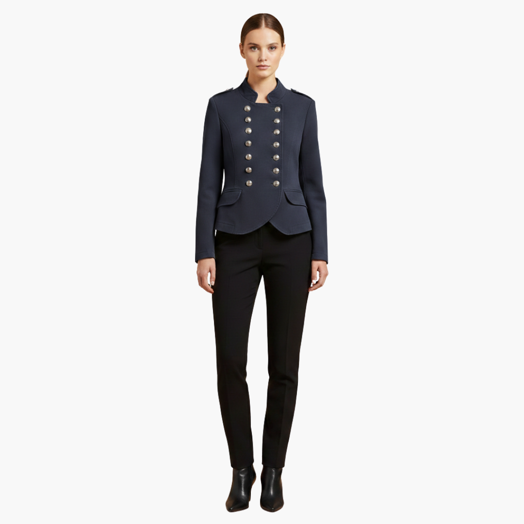 Women's military style jacket with stand-up collar and decorative buttons