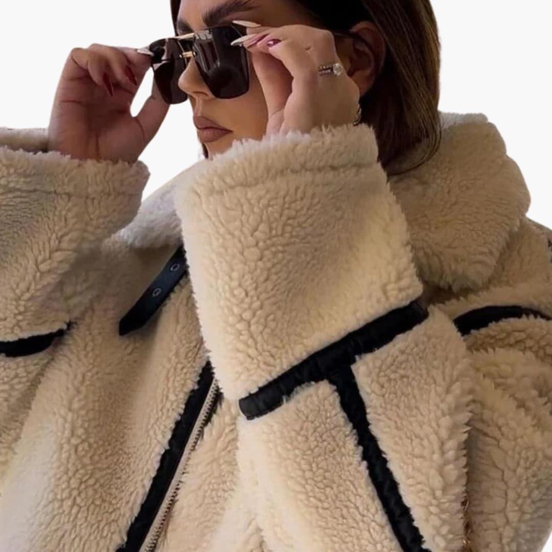 Veste femme style teddy avec fermeture éclair et large col