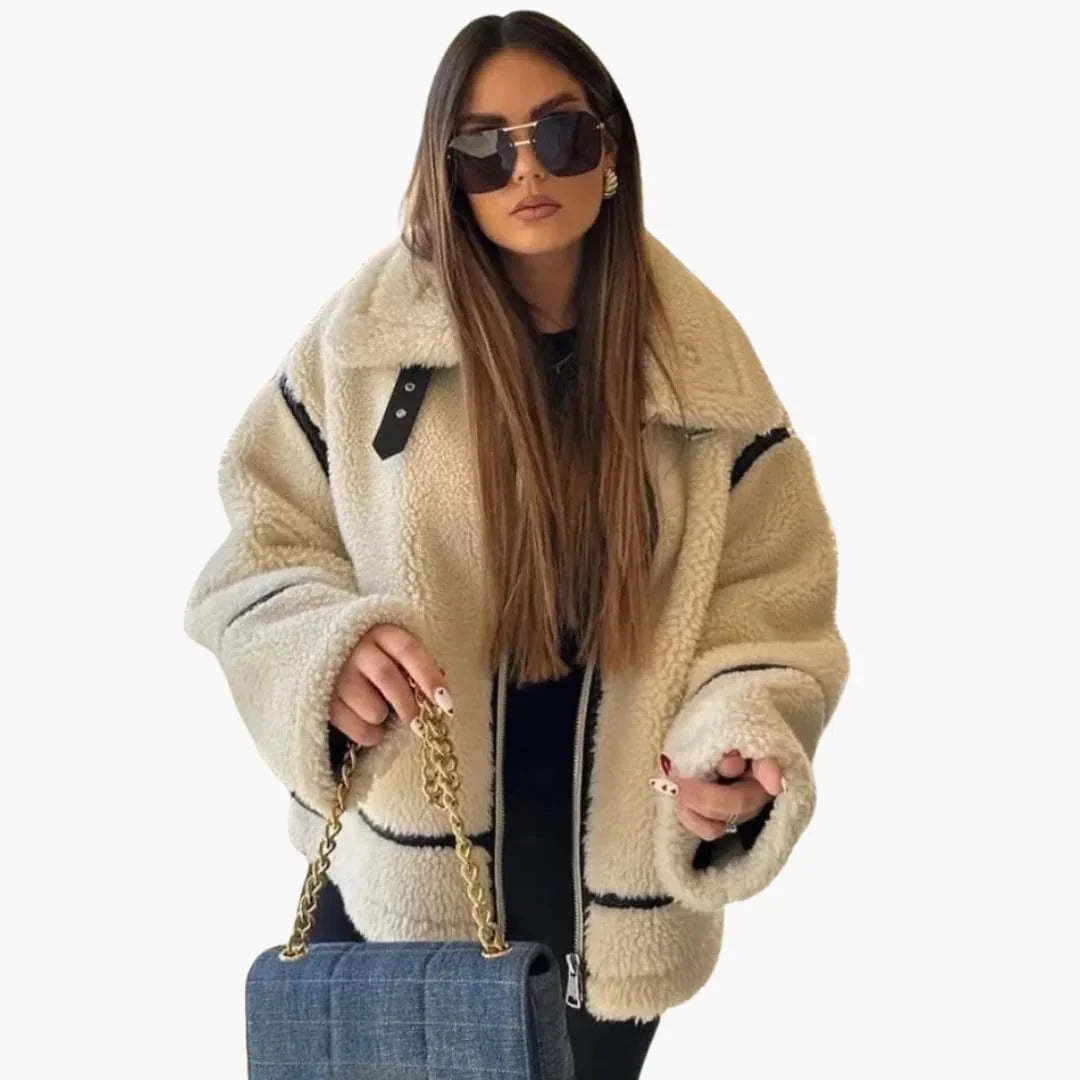 Veste femme style teddy avec fermeture éclair et large col