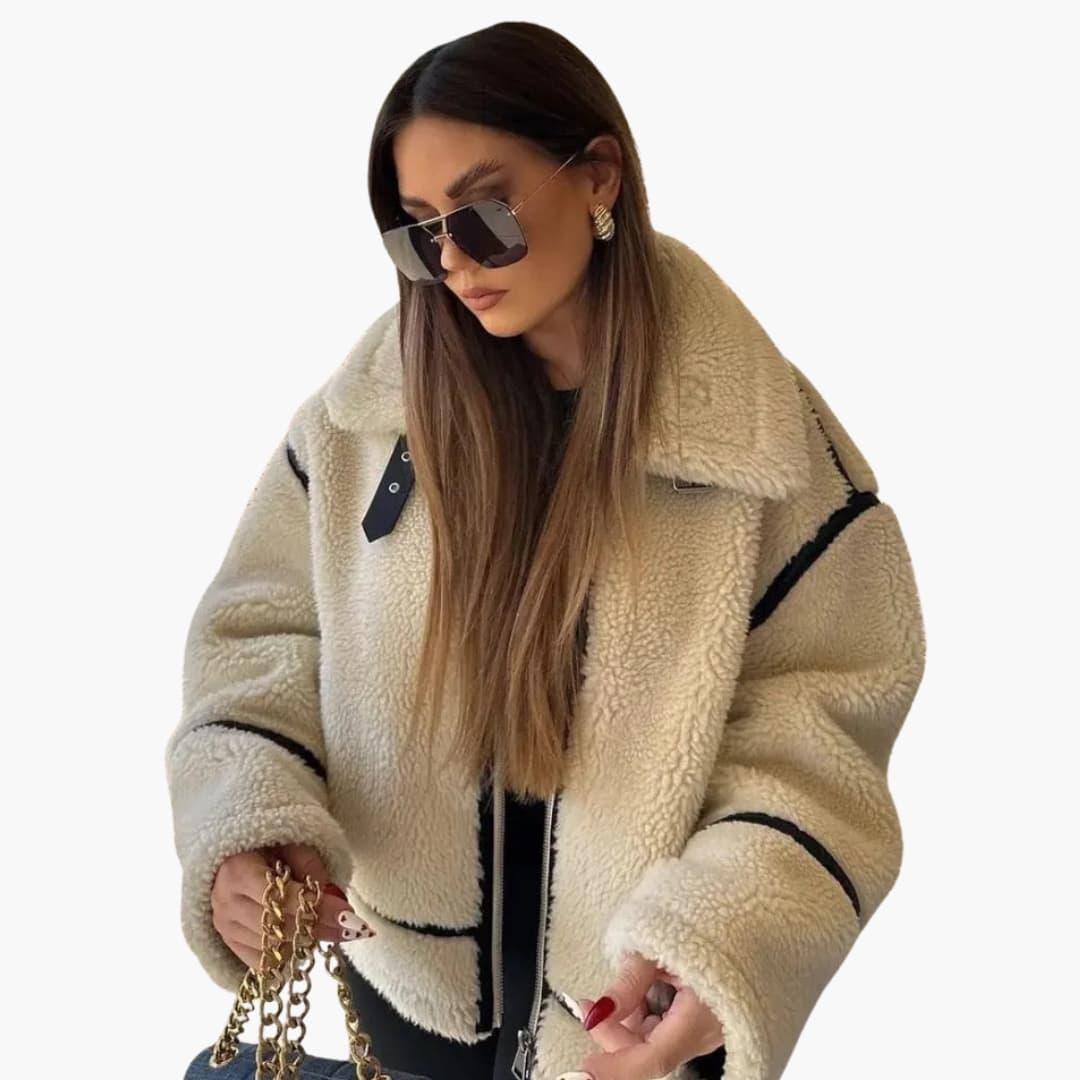 Veste femme style teddy avec fermeture éclair et large col