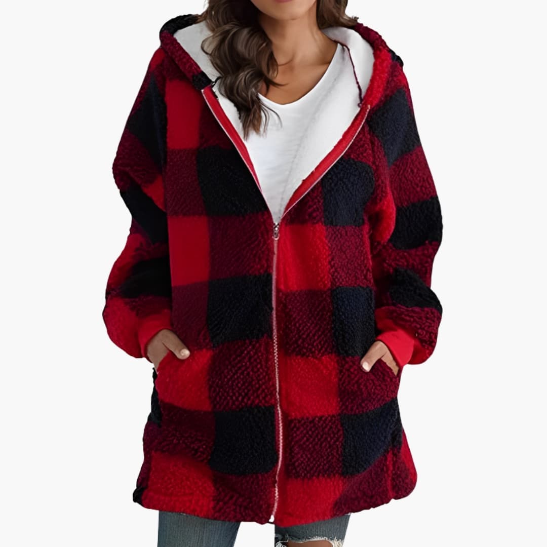 Damjacka med dragkedja och huva med rutmönster och sherpafoder