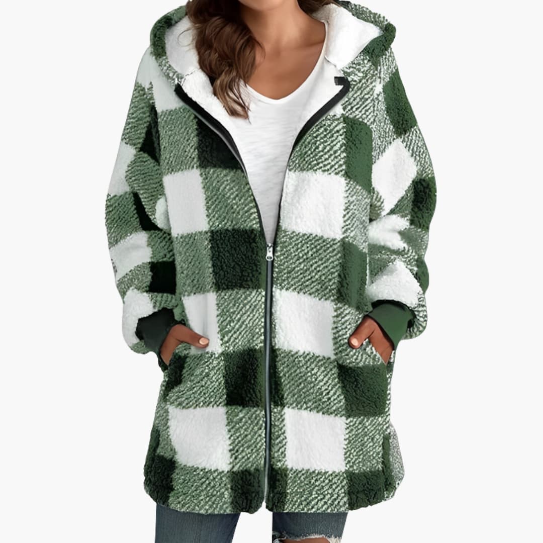 Damjacka med dragkedja och huva med rutmönster och sherpafoder