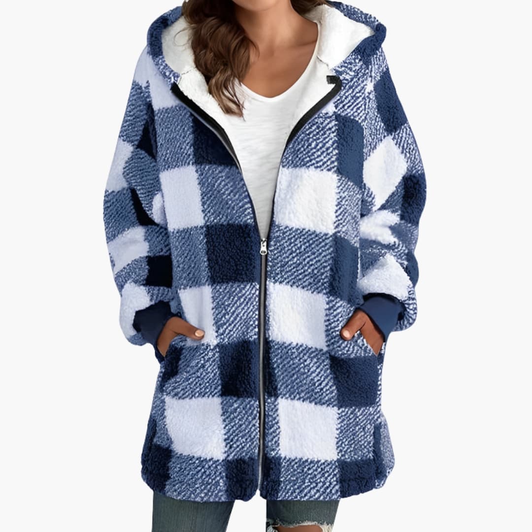 Damjacka med dragkedja och huva med rutmönster och sherpafoder