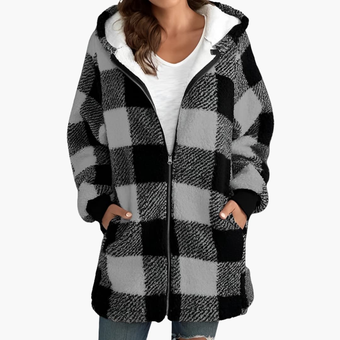 Veste femme zippée à capuche avec motif à carreaux et doublure sherpa