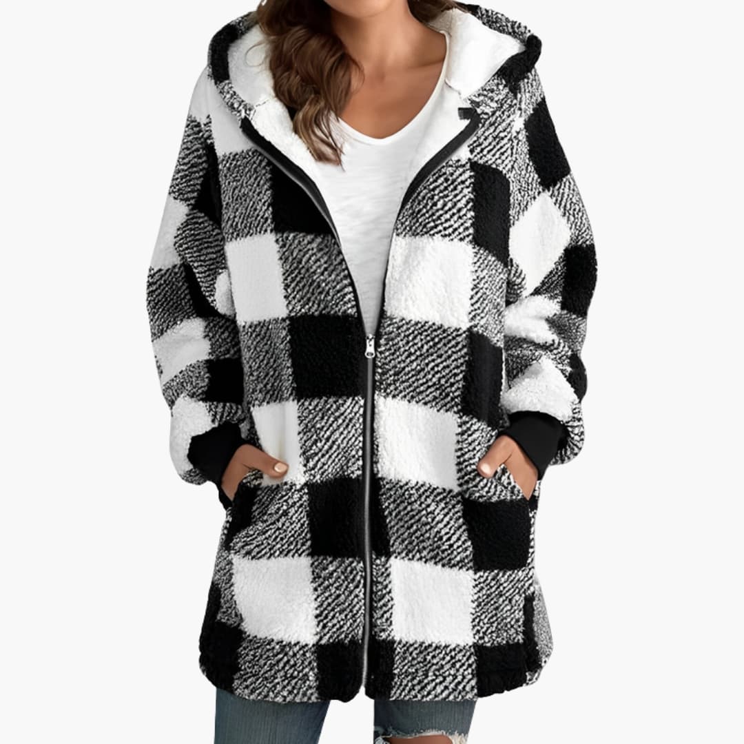 Veste femme zippée à capuche avec motif à carreaux et doublure sherpa