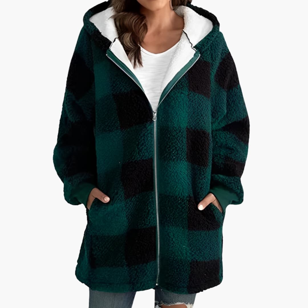 Damjacka med dragkedja och huva med rutmönster och sherpafoder