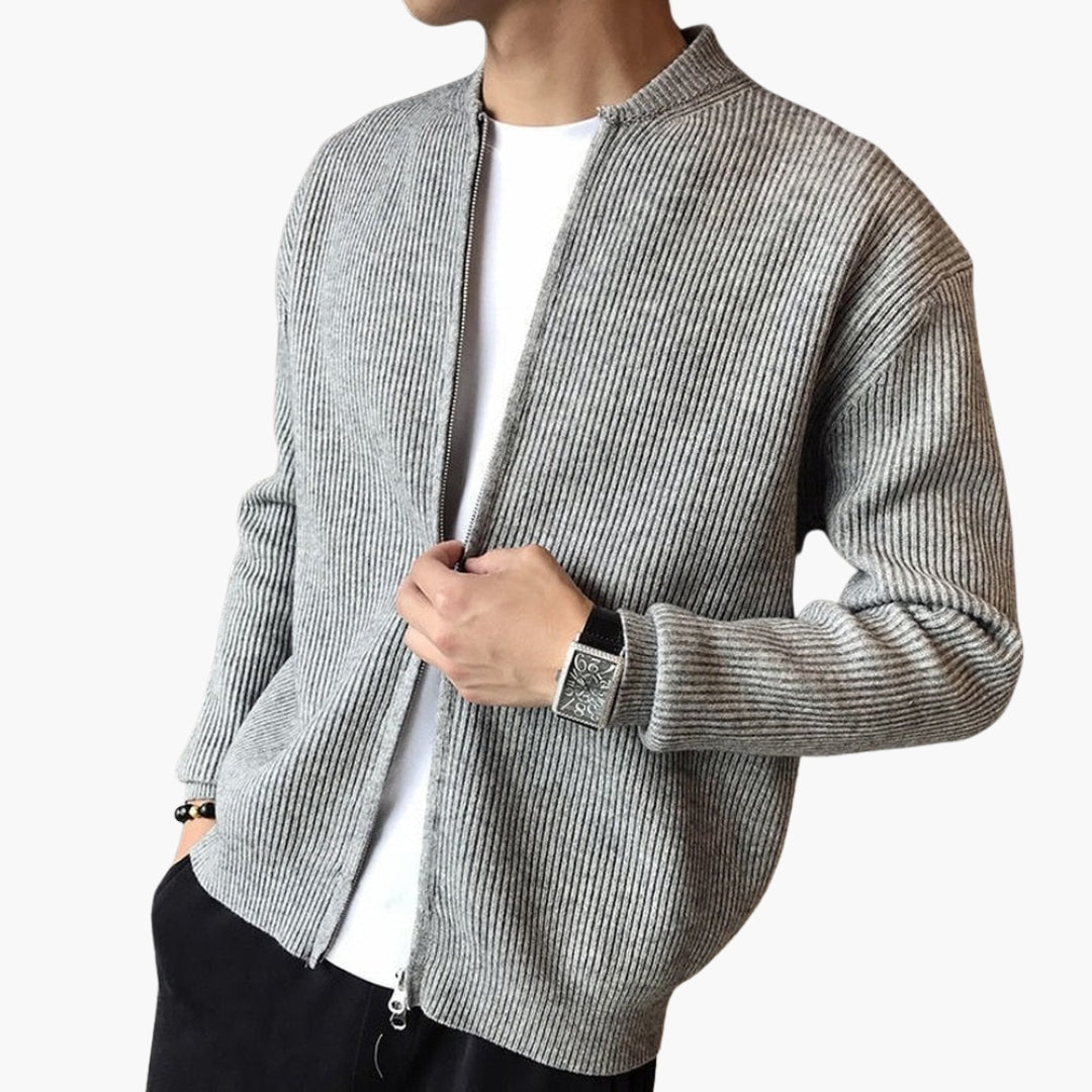 Men's zip-up ribbed knit vest jacket with round collar