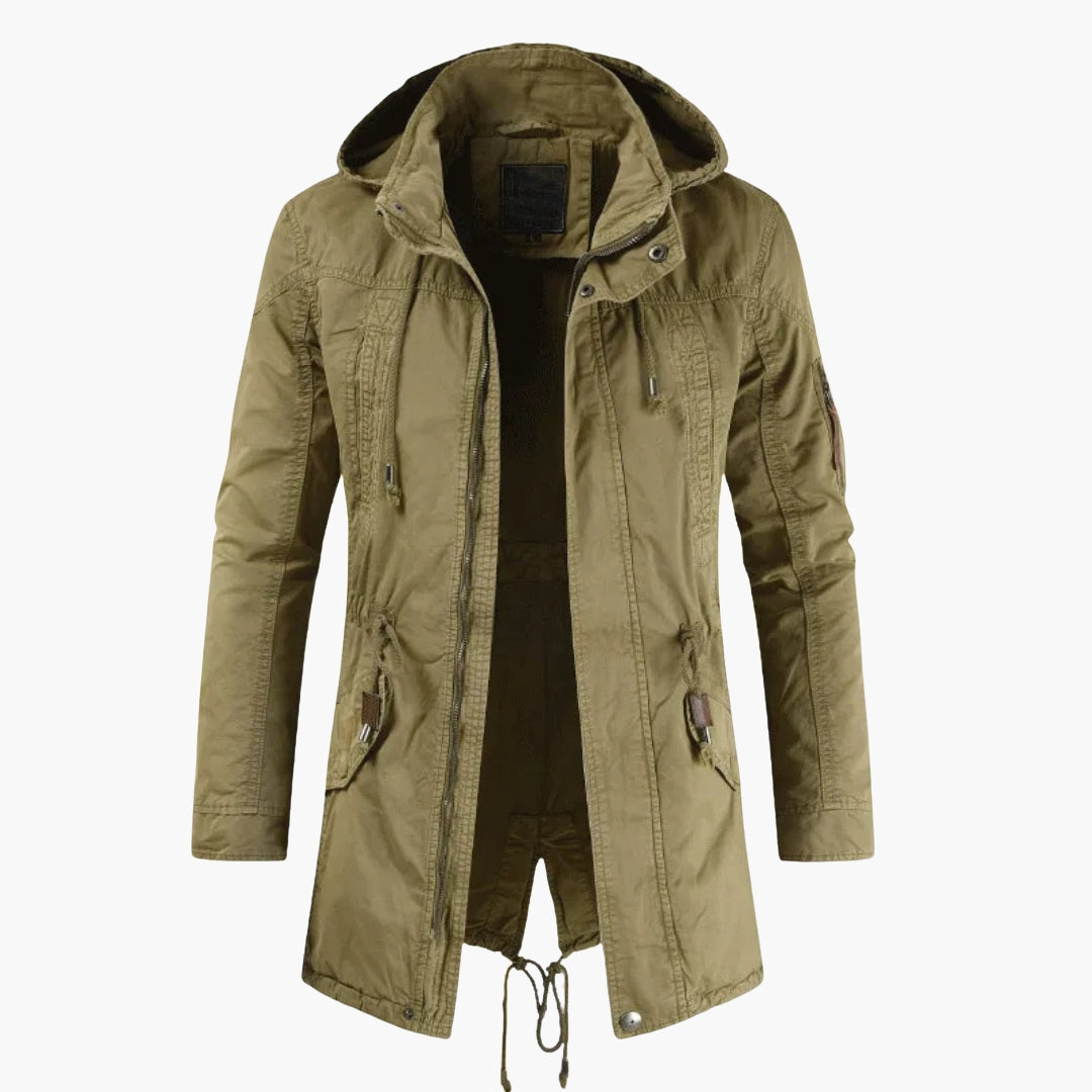 Herrjacka med huva och dragsko i midjan