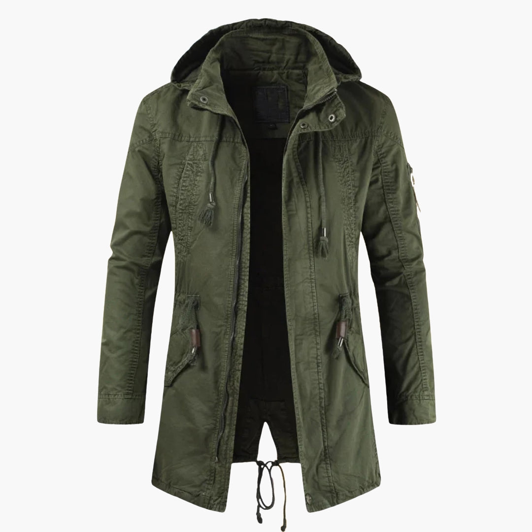 Herrjacka med huva och dragsko i midjan