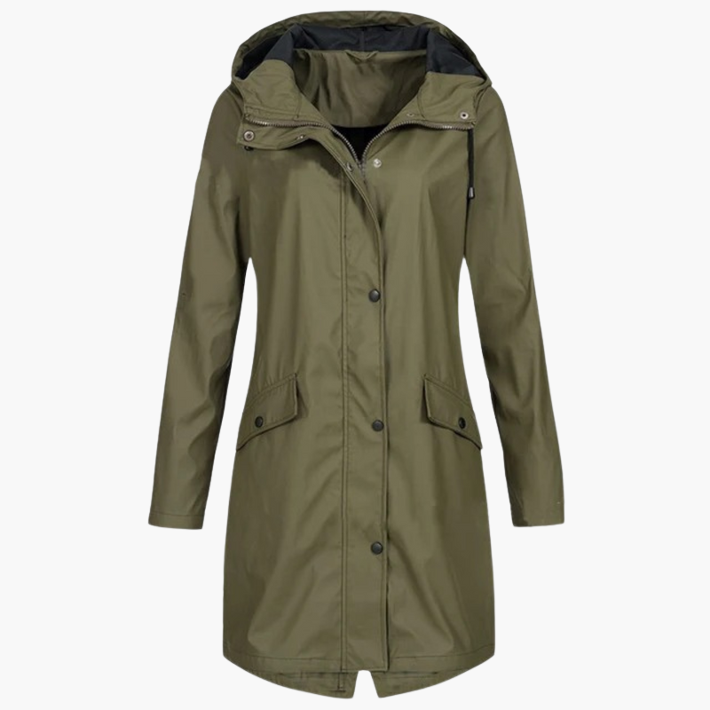 Veste longue à capuche pour femme avec boutons sur le devant et poches latérales