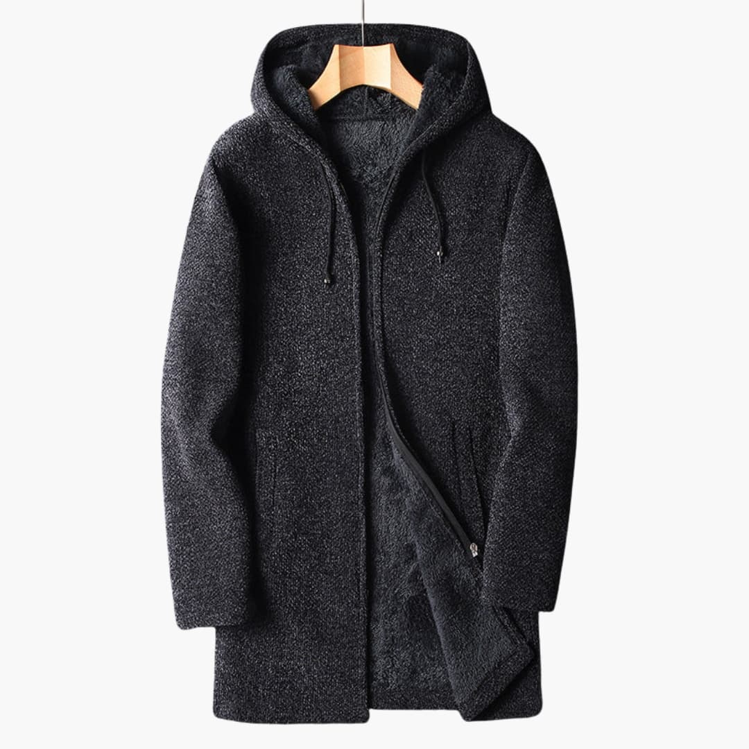 Casaco polar masculino longo com capuz e fecho de correr integral