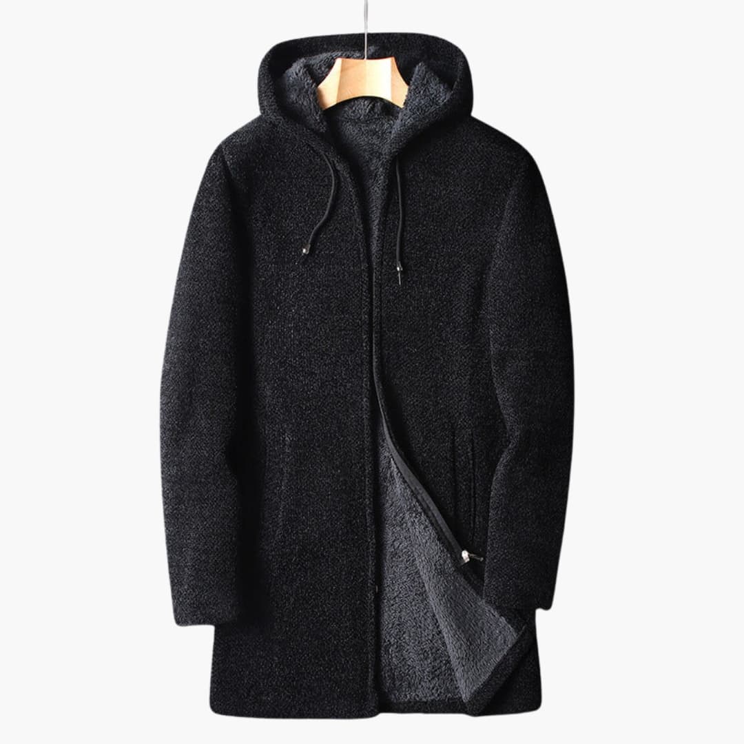 Casaco polar masculino longo com capuz e fecho de correr integral