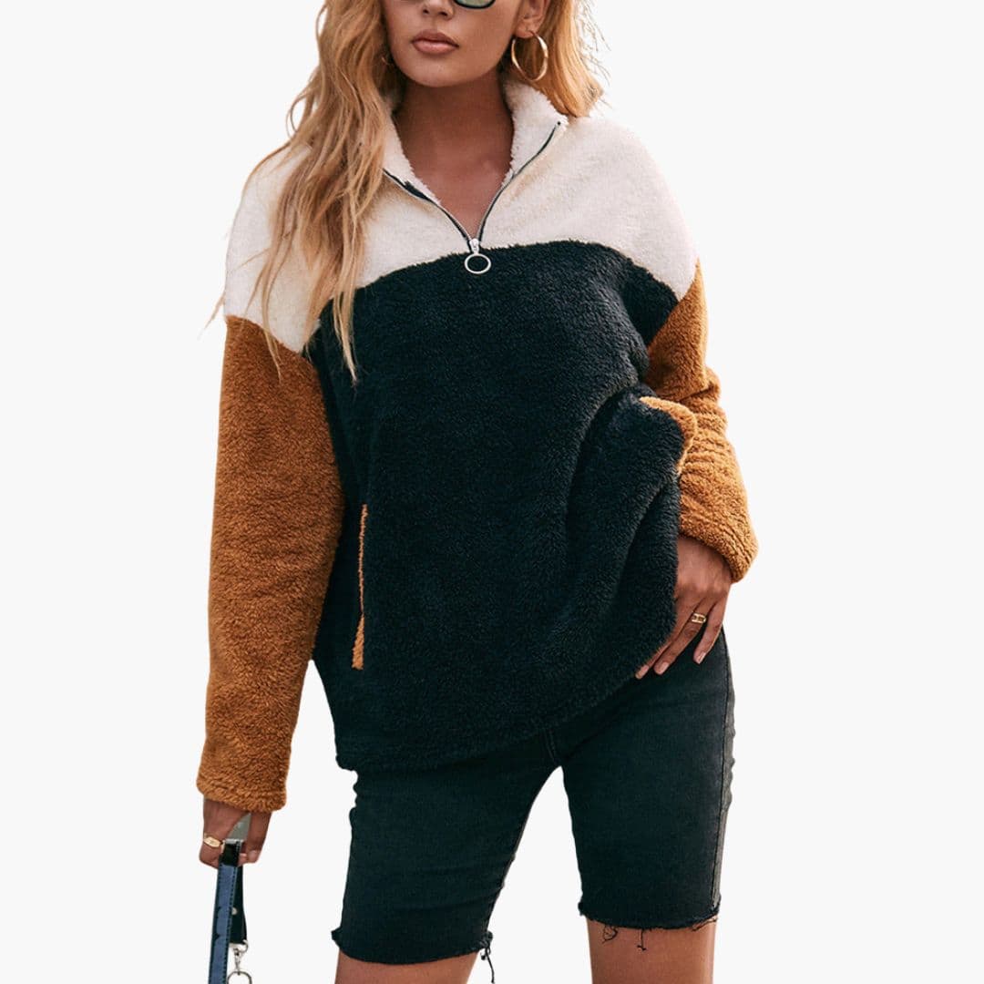 Veste pull polaire femme color block à demi-zip