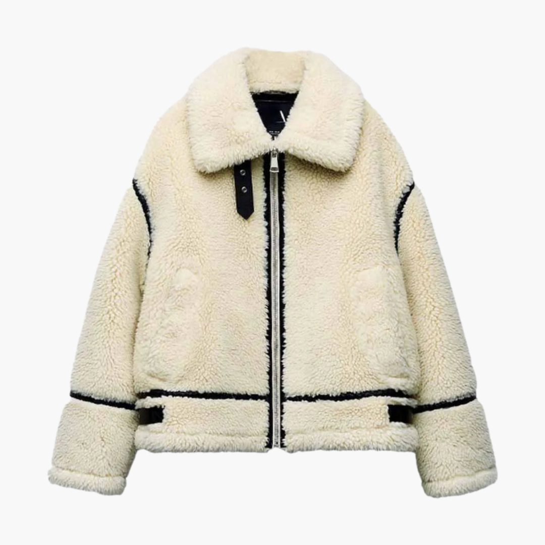 Giacca teddy da donna con chiusura lampo e bordi a contrasto