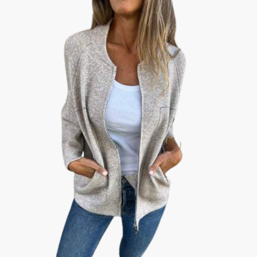 Giacca con zip da donna con collo rotondo e tasche laterali