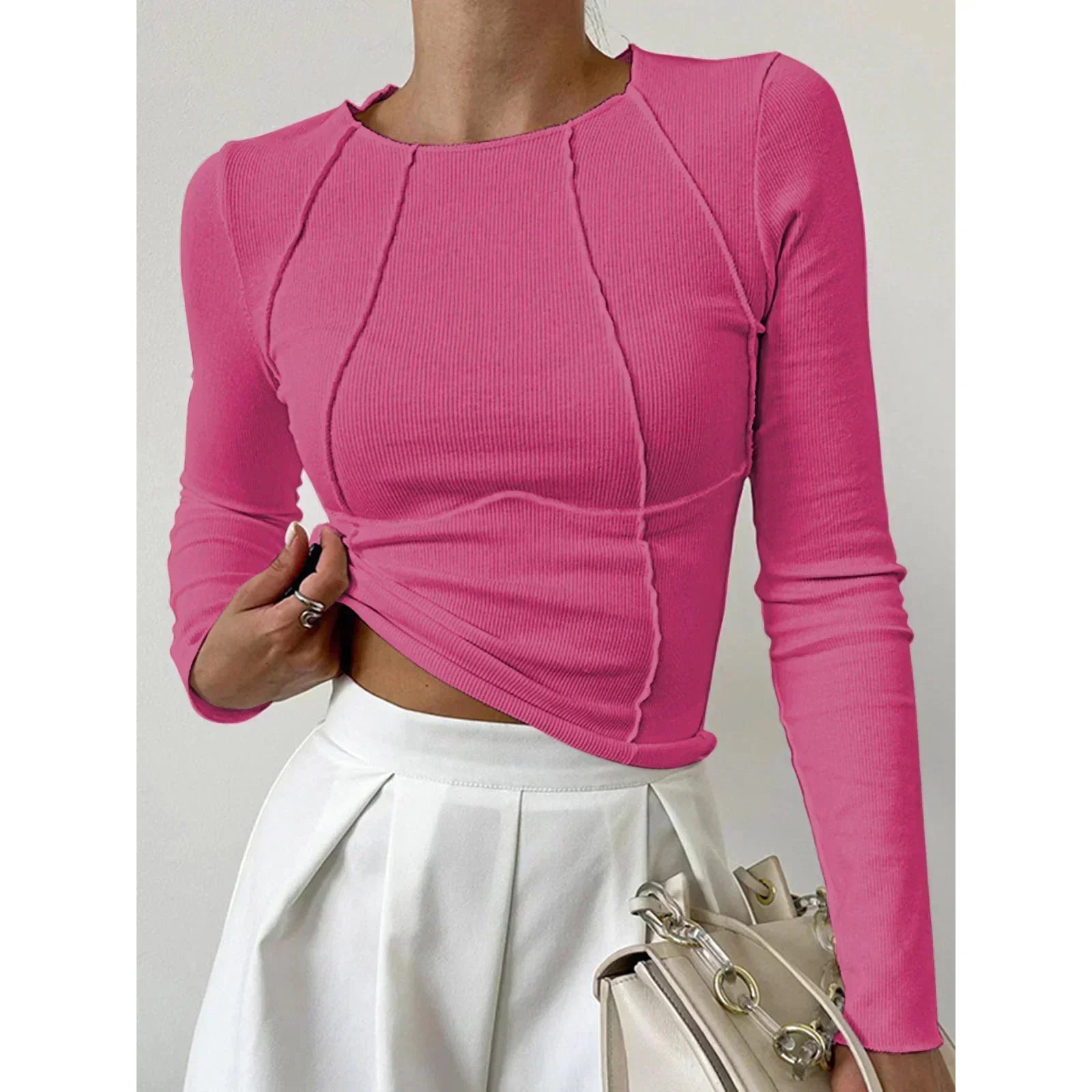 Haut femme manches longues moulant | Col rond élégant | Coupe ajustée, style moderne pour bureau et soirée