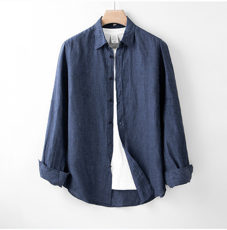 Chemise homme manches longues | Col français, coupe droite | Bleu marine, boutonnage intégral, respirante