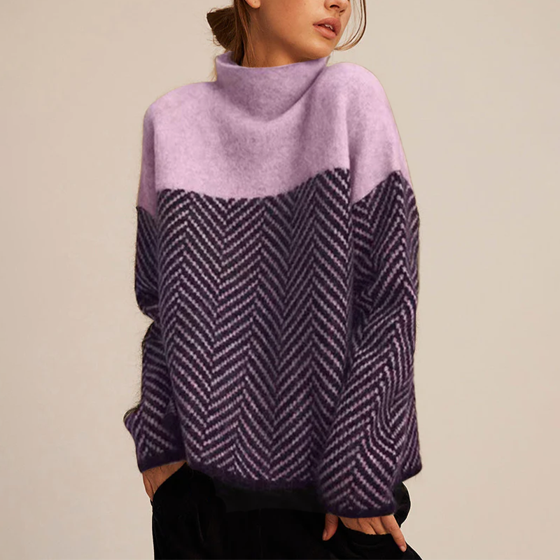 Pull femme motif chevron bicolore | Coupe ample col cheminée douillet | Style moderne casual, maille douce
