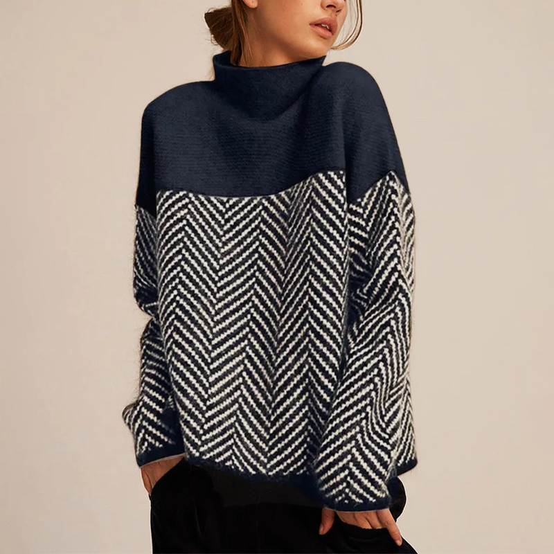 Pull femme motif chevron bicolore | Coupe ample col cheminée douillet | Style moderne casual, maille douce