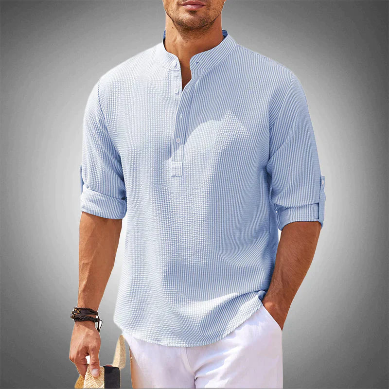 Chemise homme col tunisien | Manches trois quarts, patte boutonnée | Coupe moderne respirante, style décontracté chic