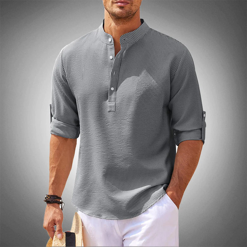 Chemise homme col tunisien | Manches trois quarts, patte boutonnée | Coupe moderne respirante, style décontracté chic