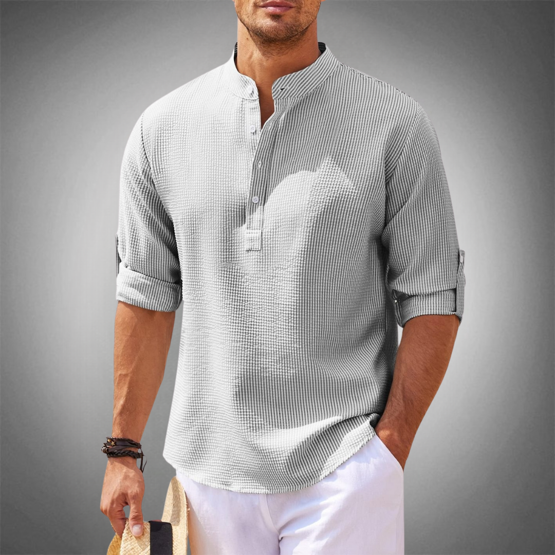 Chemise homme col tunisien | Manches trois quarts, patte boutonnée | Coupe moderne respirante, style décontracté chic