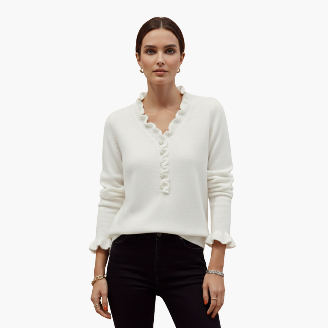 Women's long-sleeve sweater with ruffled collar and pearl buttons