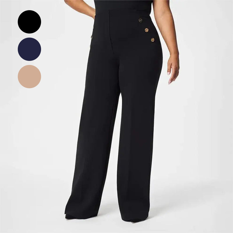 Pantalon femme grande taille taille haute stretch | Coupe large flatteuse avec boutons dorés