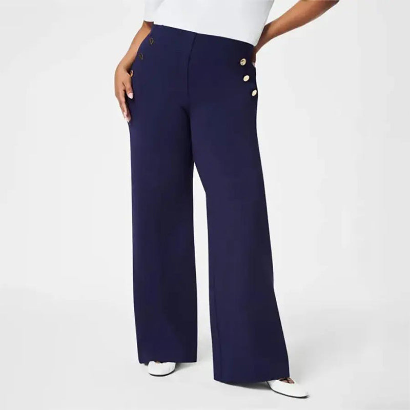 Pantalon femme grande taille taille haute stretch | Coupe large flatteuse avec boutons dorés