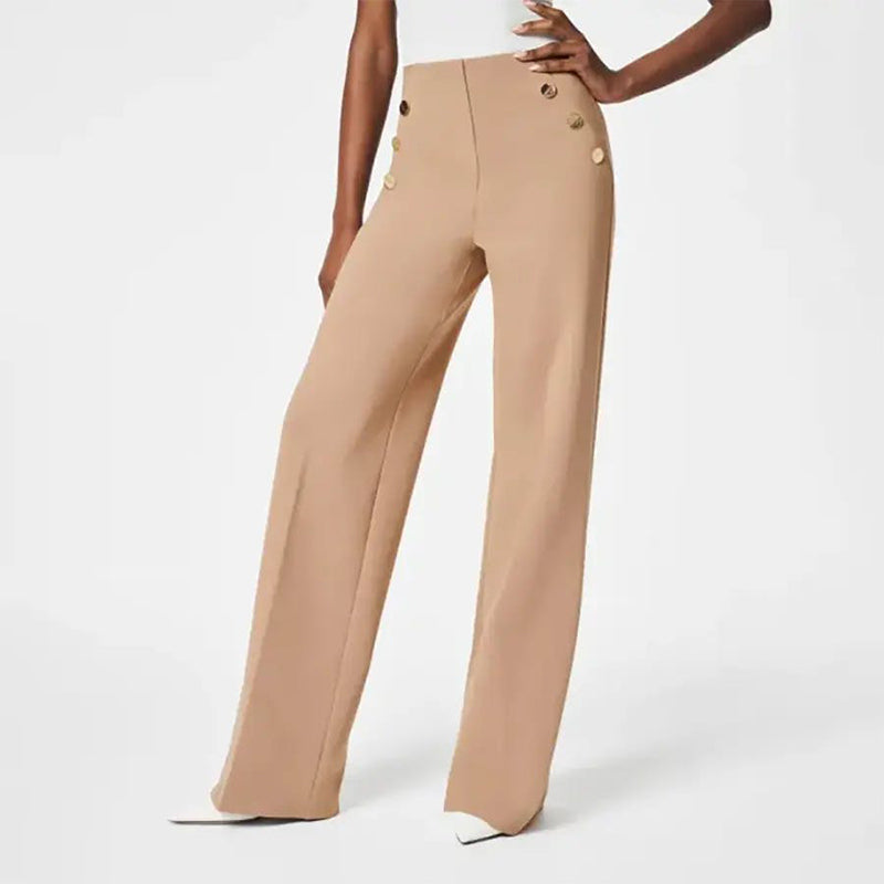 Pantalon femme grande taille taille haute stretch | Coupe large flatteuse avec boutons dorés