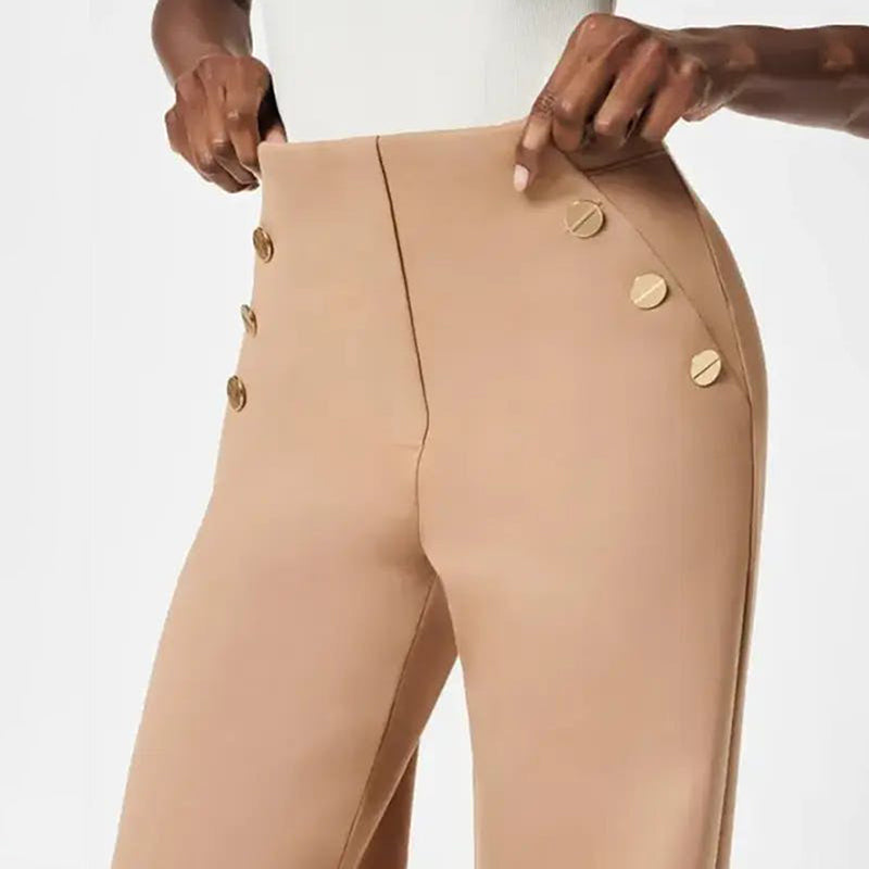 Pantalon femme grande taille taille haute stretch | Coupe large flatteuse avec boutons dorés