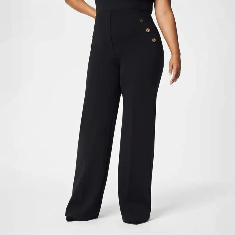 Pantalon femme grande taille taille haute stretch | Coupe large flatteuse avec boutons dorés